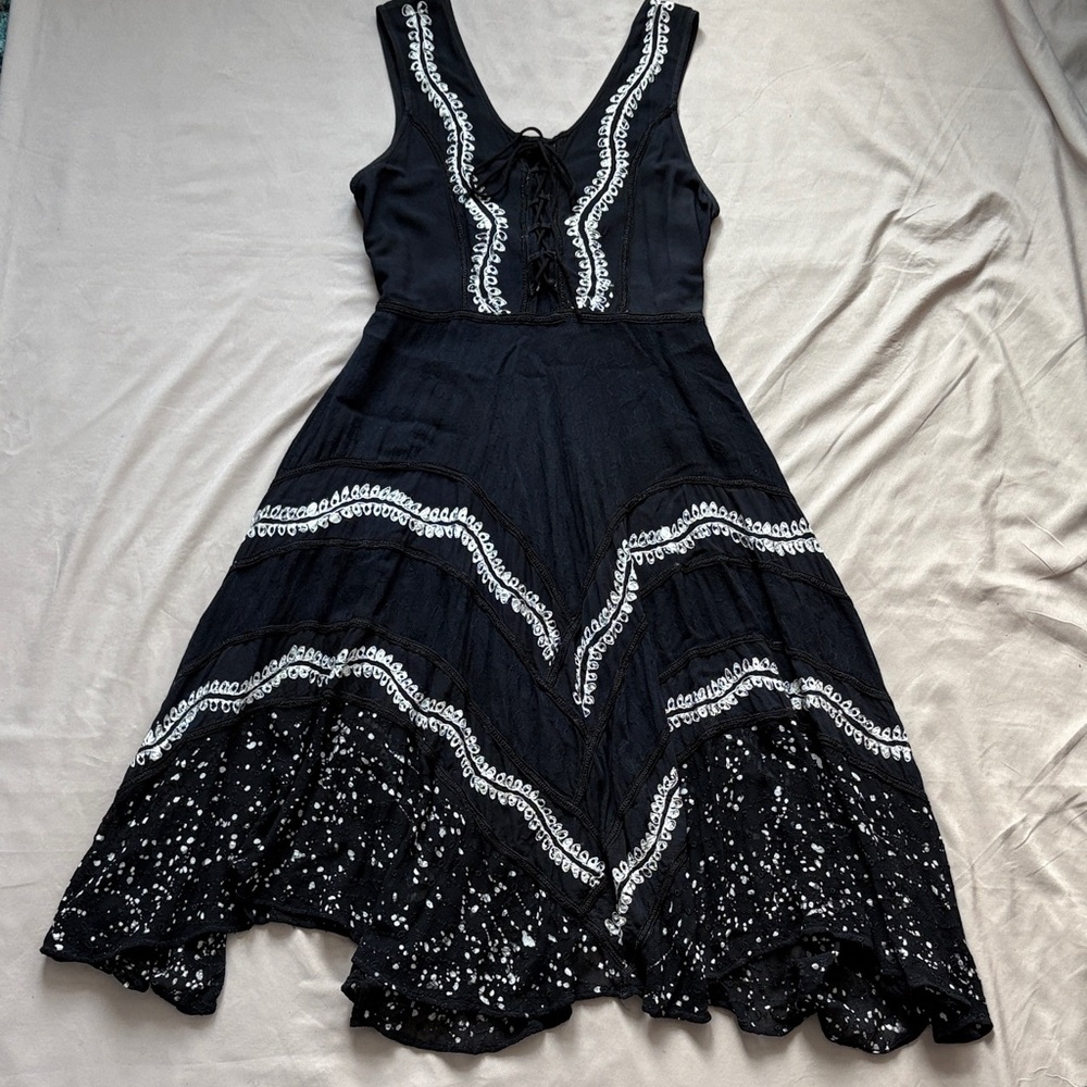 Advance Apparels Black Embroidered Boho Midi Dress Free Size